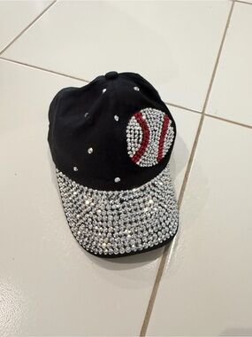Black Bling Baseball Cap with Red & Silver Crystal Accent